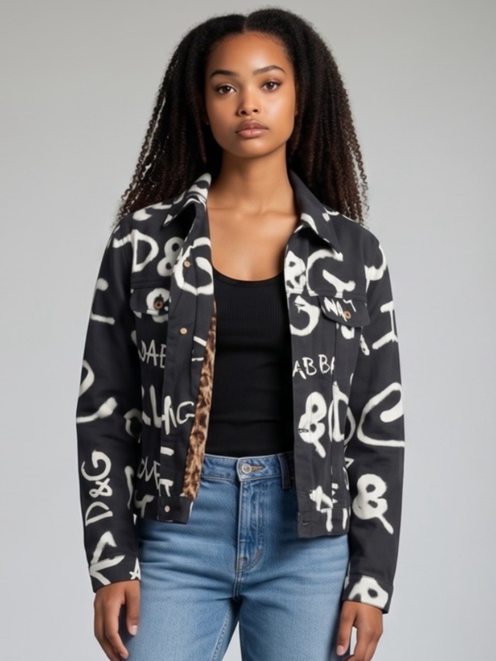 Y2K D&G Black Jacket with White Logo Graffiti Print
